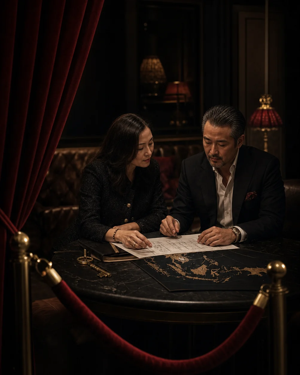 Two prospective founding partners reviewing plans for a Sinful House